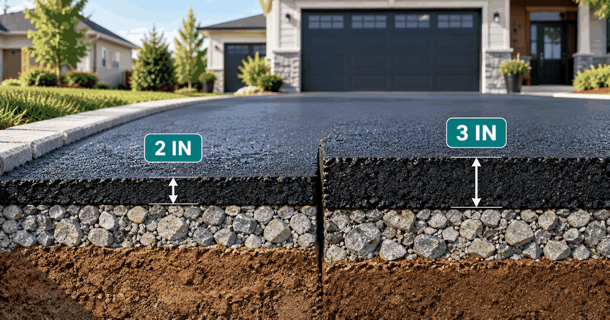 Asphalt driveway pavement layers showing compacted asphalt over aggregate base